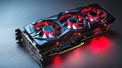 High-performance graphics card with three cooling fans and red LED lights, on a dark background.