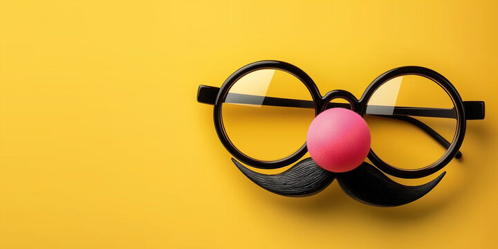Funny glasses with mustache and red nose on yellow background for april fool's day