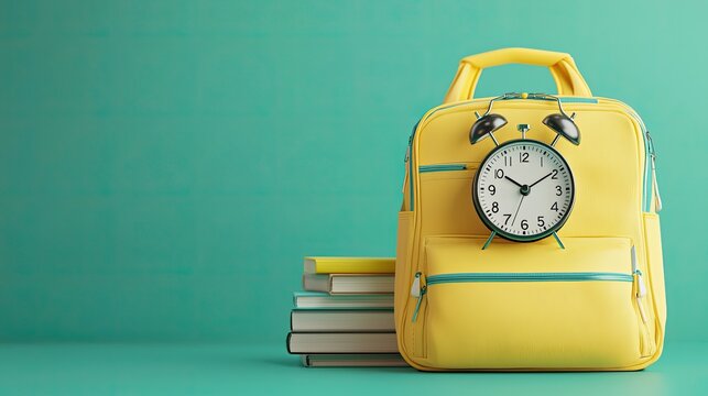 Yellow backpack with alarm clock on top of stacked books against a teal background - Powered by Adobe