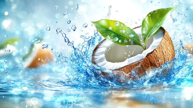Coconut splash in refreshing blue water with green leaves