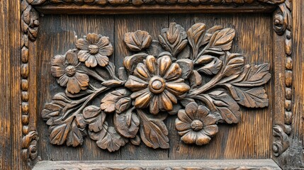Intricate wooden floral carving on a vintage door panel showcasing craftsmanship and detail