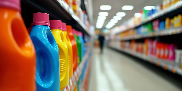 Colorful plastic bottles of cleaning products lining a supermarket shelf