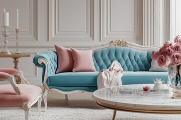 Elegant sofa, marble coffee table, and chic decor with copy space. Soft ambient light. Stylish luxury living room background. 