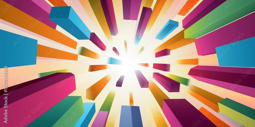 Poster colorful 3d rectangular prisms converging towards bright light