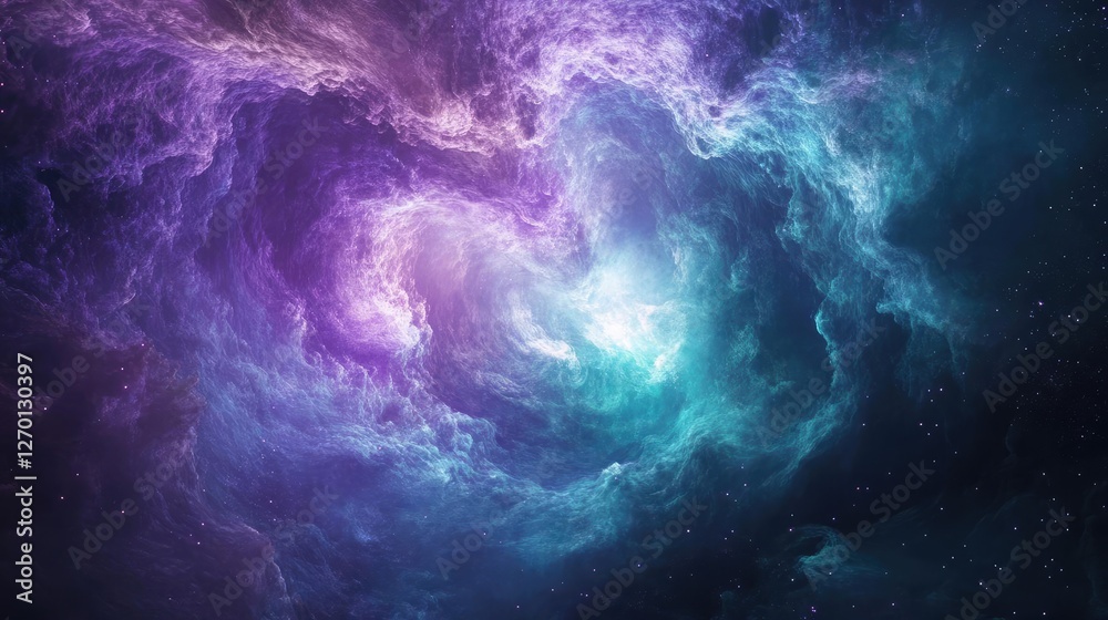 Poster abstract cosmic nebula background with shimmering purple and teal particles digital art creation for