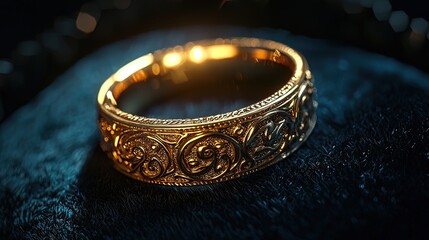 Ornate gold ring with Celtic knotwork design rests on dark blue velvet.