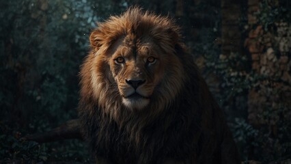 Fototapeta premium Majestic lion posing serenely in a lush environment with a focused expression