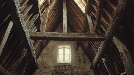 Fototapeta premium Interior view of an old rustic barn showcasing wooden beams and a window with natural light