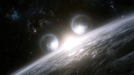 Obraz premium Two celestial bodies illuminating the horizon of a distant planet in a cosmic setting