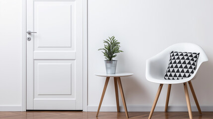 Modern white chair with pillow next to plant and white door in minimalist room