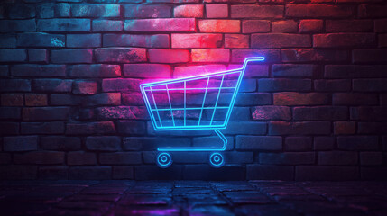 Neon shopping cart against brick wall in glowing blue and pink light. Black Friday sale