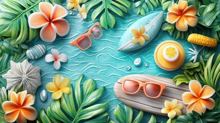 Tropical beach vibes with sunglasses, surfboard, and exotic flowers