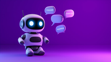 Cute white robot chatting with speech bubbles on purple background