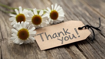 Naklejka premium Daisies accompany a thank you tag on a wood surface