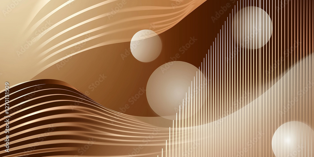 Poster abstract brown and beige background with flowing lines and glowing spheres