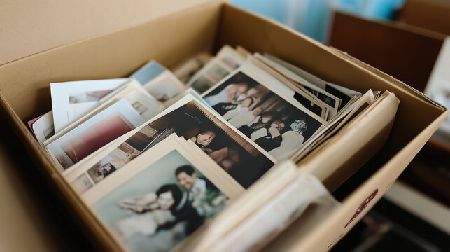 Old photographs showing family memories stored in cardboard box