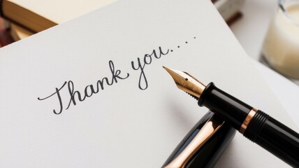 Elegant thank you note with a fountain pen nearby