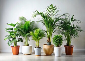 Sleek white studio showcases a curated collection of lush indoor palms; urban exploration aesthetic.