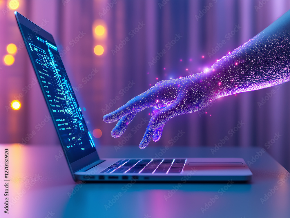 Poster hologram hand interacting with laptop displaying futuristic code
