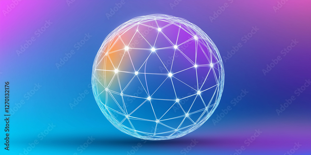 Poster Bright sphere mesh glowing on gradient background representing global network and data connection