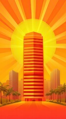 Sunrise over city, skyscraper, palm trees, vibrant, urban, design, illustration, success