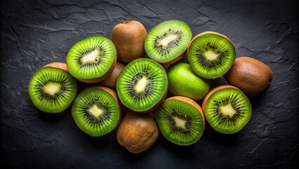 Slices of sweet kiwi fruit arranged on a dark surface, a fresh flat lay.