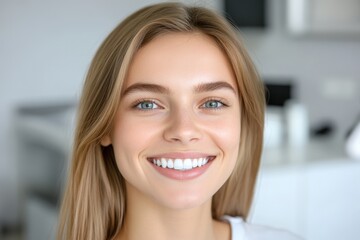 Fototapeta premium Young woman smiling showing white teeth in dental clinic