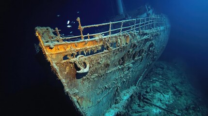 An iconic view of the RMS Titanic's bow, resting at a depth of 3,800 meters in the North Atlantic. The ship, which sank in 1912, is partially buried in sediment, with its railings and anchor chains st