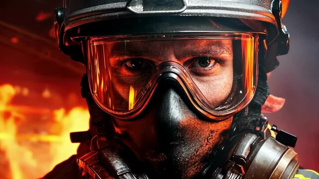 Firefighter in intense action scene with protective gear and flames