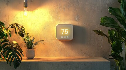 Smart thermostat displaying 75 degrees Fahrenheit on a wall, flanked by houseplants under warm lighting.