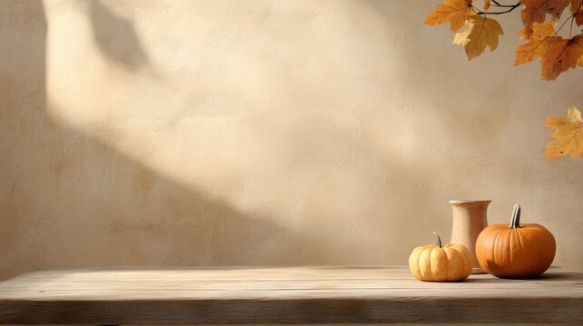 Thanksgiving background with autumn leaves, pumpkins, and a rustic wooden table