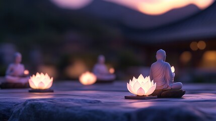 Vesak Buddhist festival background with glowing lotus flowers, meditative monks, and a peaceful temple scene