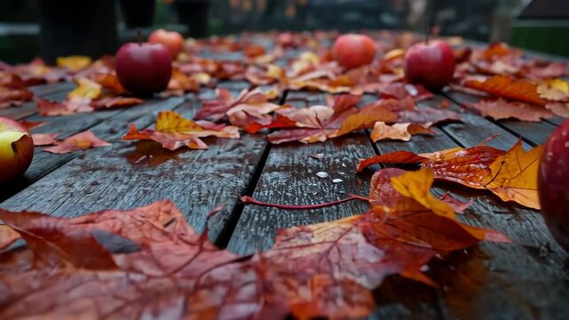 Autumn apples on a rainy wooden table surrounded by fall leaves Apple Gifting Day