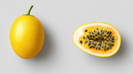 Whole and cut passion fruit revealing bright yellow pulp with black seeds, isolated on transparent background