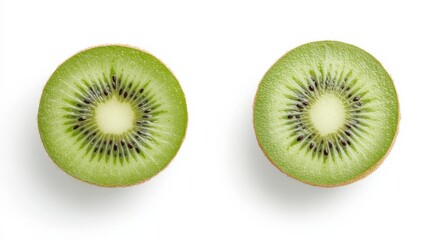 Fototapeta premium Whole and halved kiwi fruit showing bright green flesh and black seeds, isolated on white background