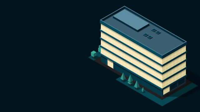 Isometric city building at night animation. Isometric modern building. Skyscraper building or business office. Motion graphic