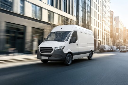 White delivery van moving fast on a city street