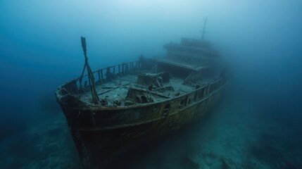 A cargo ship sunk in 1983 during a storm, now lying at 50 meters depth off the coast of Virginia. The wreck is broken into several sections, with its cargo of coal still visible. Schools of cod 