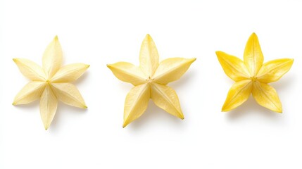 Whole and sliced starfruit with unique star shape and glossy yellow skin, isolated on white background