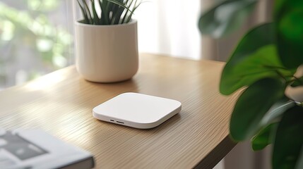 White square device on wooden table, near plants and book.