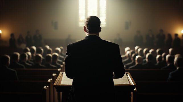 Politician giving speech at press conference in church