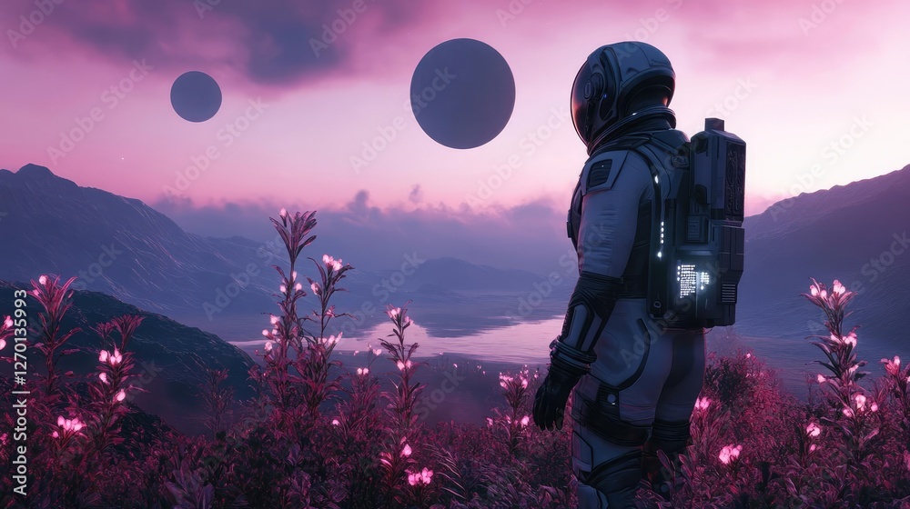 Wall mural astronaut exploring bioluminescent alien forest on distant exoplanet with multiple moons