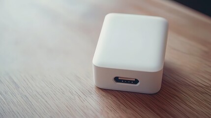 White USB-C power adapter on wooden table.