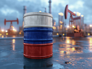 Oil barrel with flag of russia stands on the ground. With oil pumps and oil production in the background.