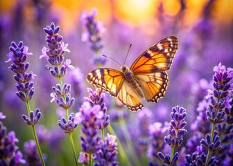 Naklejka premium Soaring above, a drone reveals a breathtaking lavender field; a butterfly's delicate wings are in sharp focus.