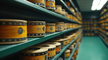 Naklejka premium Vintage Film Reels Archive: Preserving Cinematic History on Shelves