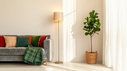 Cozy Living Room Interior  Gray Sofa  Plaid Throw  Floor Lamp  Fiddle Leaf Fig