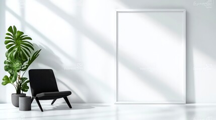 Modern Minimalist Interior Mockup  Blank Poster Frame  Chair  Plants