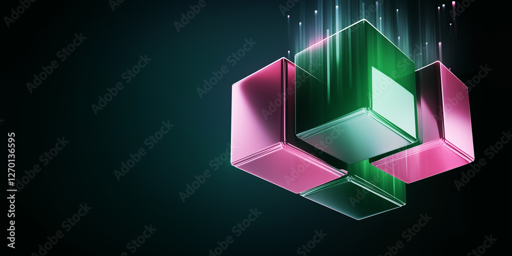 Poster Glowing cubes floating and connecting, building a network