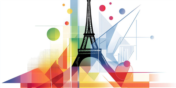 Eiffel tower emerging from colorful geometric shapes